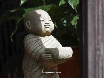 午后阳光落在橱窗里的石娃上